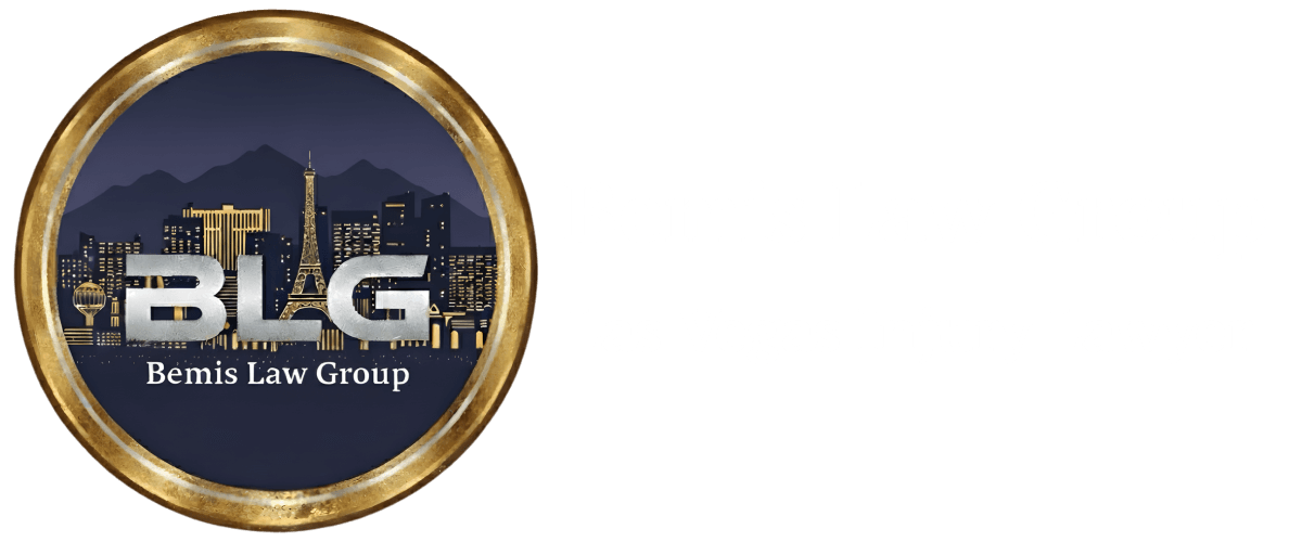 Bemis Law Group footer logo in blue, gold, and white.